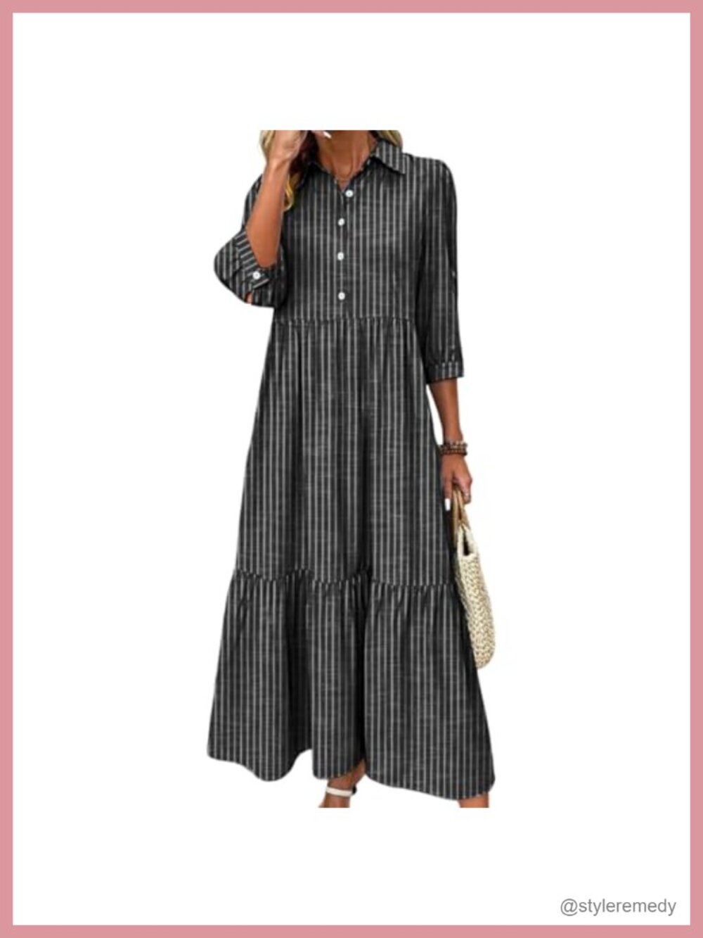 Striped Tiered Maxi Shirt Dress 3/4 Sleeve Collared Button Down Side Pockets